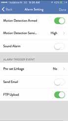 6.5 Alarm Setting To be notified by email and / or upload to FTP when motion is detected, you can switch on this function from this menu. Motion Detection Sensitivity can also be set.