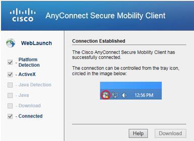 Figure 3.2.1-11. Connection Established If the VPN doesn t connect automatically, click the Windows Start button and type Cisco.