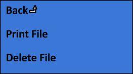 6. Main->SD Card Print file Selecting this option, you will be shown the list of files available on the printer SD card: you can browse and select the file name to print (or hit Back to abort the