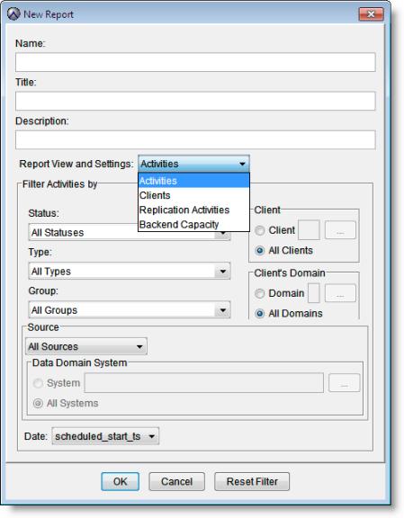Introduction The report templates are available from the Report View and Settings list in the New Report dialog box. The following figure shows the options for the Activities template.