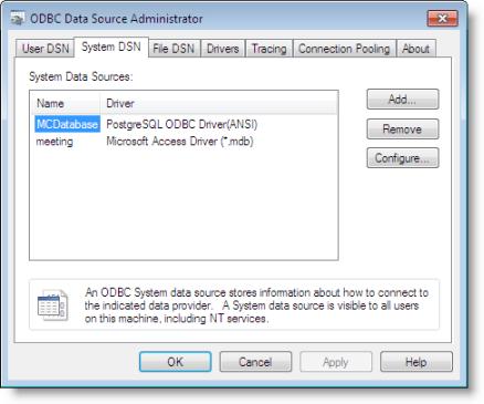 Crystal Reports Figure 10 ODBC Data Source Administrator dialog box 10. In the ODBC Data Source Administrator dialog box, click OK.