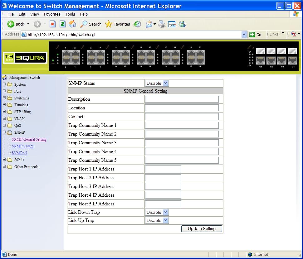 SNMP SNMP General Setting 1. SNMP Status: Click SNMP Status drop-down menu from SNMP Status drop-down list to choose Enable or Disable to enable or disable SNMP. 2.