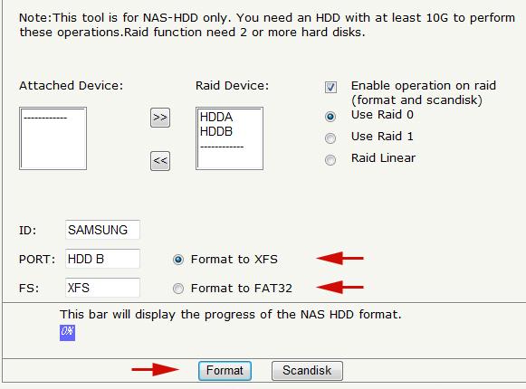like - XFS or FAT32 Select Format IMPORTANT: For formatting attached USB