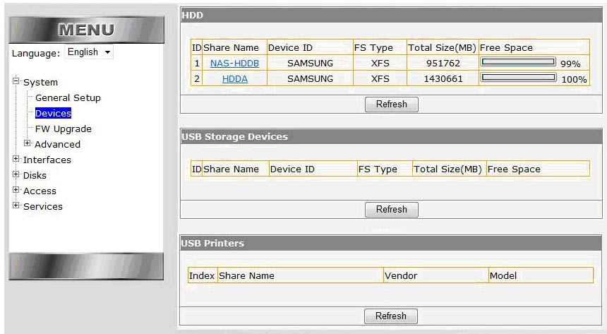 2.2 Devices The Devices section shows the hard disk drives within your BOSSNAS122 and any other