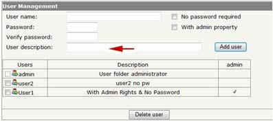 password required box Additionally, you can give the user admin rights to folders, by