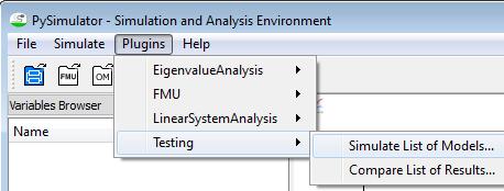 Automatic Regression Testing of Simulation Models and Concept for Simulation of Connected FMUs in Figure 8. Starting the simulation list of models from GUI.