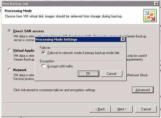 5. Click Advanced and the Processing Mode Settings dialog box is displayed: 6. Check the Failover setting as needed. 7. Select Encrypt LAN traffic as needed 8.