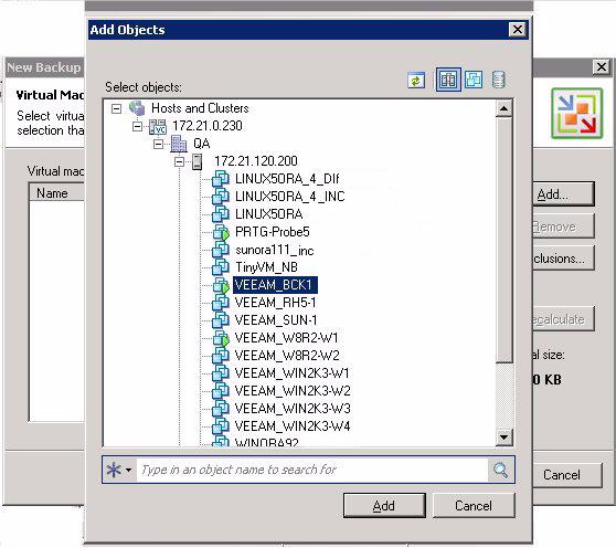 10. Click Add and the Add Objects dialog box is displayed: 11. Expand the objects tree until you find the virtual machine(s) you want to backup. 12.
