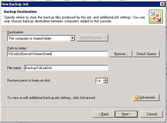 15. When you are done adding virtual machines, in the Virtual Machine s dialog box click Next and the Backup Destination dialog box is displayed: 16.