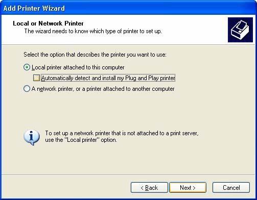 Select the Add Printer command from the File menu and click Next in the welcome window of the Add Printer Wizard;