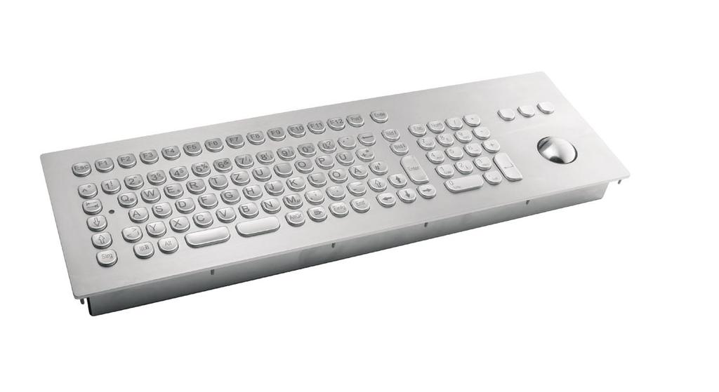 Vandal proof Stainless Steel Keyboards TKV-105-TB38V-MODUL NEW MFII-layout with integrated 38mm-trackball i Number of keys: 105 Keyswitch Technology: silicone switching element Actuation Force/