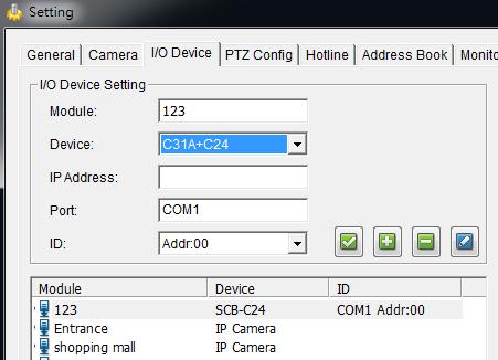 Step 4: Go to I/O Device tab. Step 5: Type in module in Module and select device for USB (SCB-C08) I/O converter device: SCB-C24, SCB-C26 or SCB-C28. Step 6: Select COM port and ID.