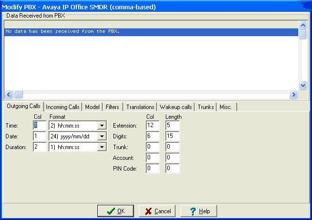 The Modify PBX screen is displayed. Note that in a live customer environment, SMDR data may start appearing in the top portion of the screen. Select the Outgoing Calls tab.