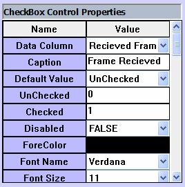 Figure 27: CheckBox Control Properties Data Column: Select the column of your database which you want to bind with this control. Caption: Give caption to checkbox control.