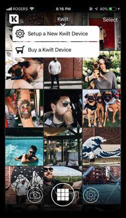 Setup a New Kwilt on Wi-Fi Now let s add your Kwilt as yet another source for photos. Tap on the Shoebox icon in the top left corner, then from the menu choose Setup a New Kwilt Device.