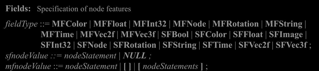 MFNode MFRotation MFString MFTime MFVec2f MFVec3f SFBool SFColor SFFloat SFImage SFInt32 SFNode SFRotation SFString SFTime SFVec2f SFVec3f ; sfnodevalue ::= nodestatement NULL ; mfnodevalue ::=