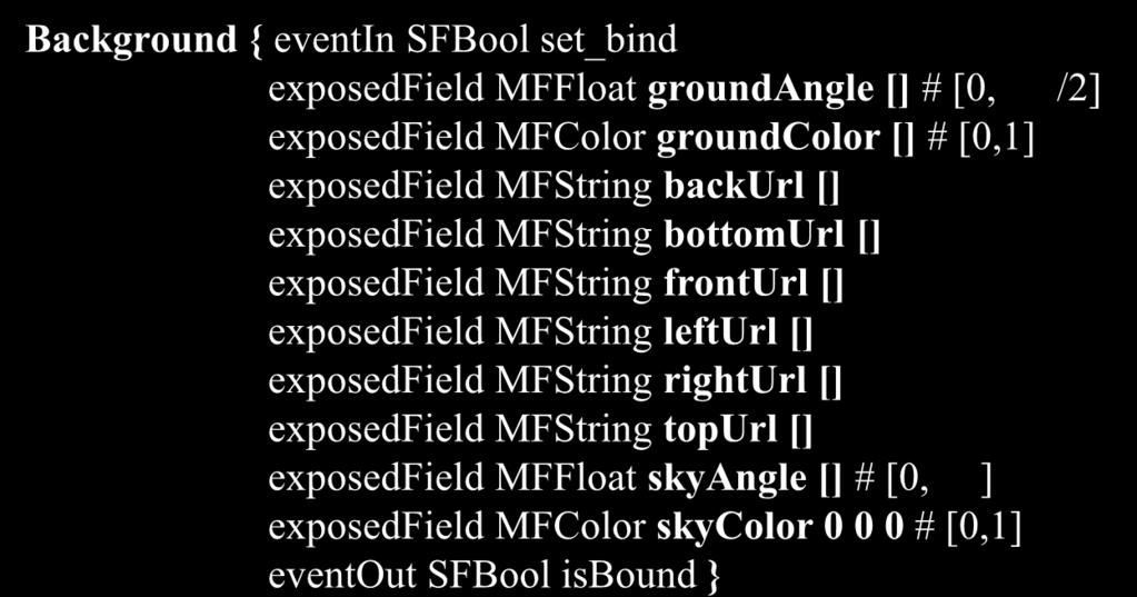 Environment 53 Background { eventin SFBool set_bind exposedfield MFFloat groundangle [] # [0, /2] exposedfield