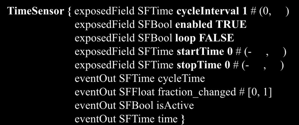 Time and Touch Sensors 59 TimeSensor { exposedfield SFTime cycleinterval 1 # (0, ) exposedfield SFBool enabled TRUE exposedfield SFBool loop FALSE