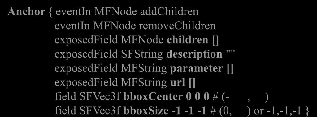 References 69 Inline { exposedfield MFString url [] field SFVec3f bboxcenter 0 0 0 # (-, ) field SFVec3f bboxsize -1-1 -1 # (0, ) or -1,-1,-1 } Anchor { eventin MFNode addchildren eventin MFNode