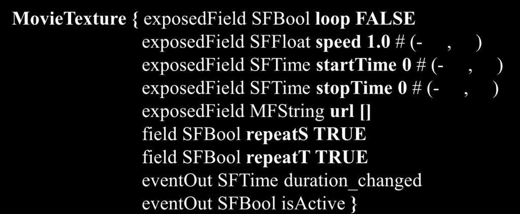 Videos 80 MovieTexture { exposedfield SFBool loop FALSE exposedfield SFFloat speed 1.