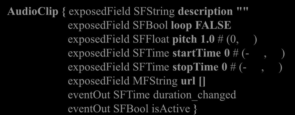 Audios 82 AudioClip { exposedfield SFString description "" exposedfield SFBool loop FALSE exposedfield SFFloat pitch 1.
