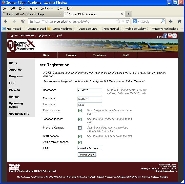 2. User Registration Page - You can select Parent access (HH) and/or Teacher access (II) or type in a new email address (JJ) on this page.