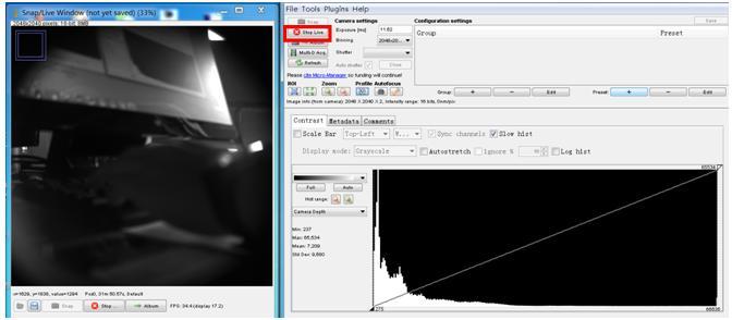 13) Click on Live button to run the image preview mode, as shown in Figure 14, scmos cameras are ready to go: Figure 14: Micro-Manager