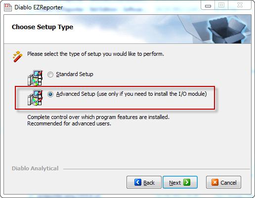 To install EZReporter with support for the Analog & Digital Output Module, you must select the Advanced Setup option on the Setup Type panel of the EZReporter installer.