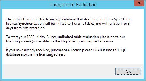 When first installed SyncStudio will run in a limited (unregistered) evaluation mode for 3 days.