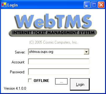 Running WebTMS installed through the normal Windows Add/Remove Programs feature. Login Screen On the login screen, enter the WebTMS server hostname, your account name and password.