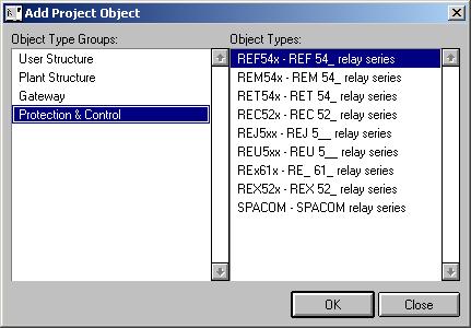 1MRS752292-MUM CAP 505 To insert a device object representing a REF 54x relay terminal of the RED 500 relay series, click on the Protection & Control list item.