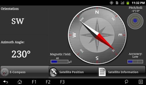 E-Compass The E-Compass page shows directions of movement including orientation, pitch angle, roll angle, and azimuth angle. The Magnetic Field and Accuracy readings are for your reference.