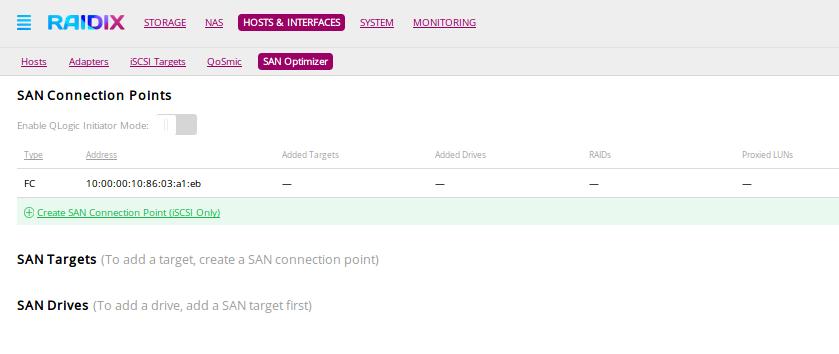 1. On the page Hosts&Interfaces, move to the tab SAN Optimizer below the table SAN Connection Points, click Create SAN Connection Point (iscsi only) (Figure 84). Figure 84.