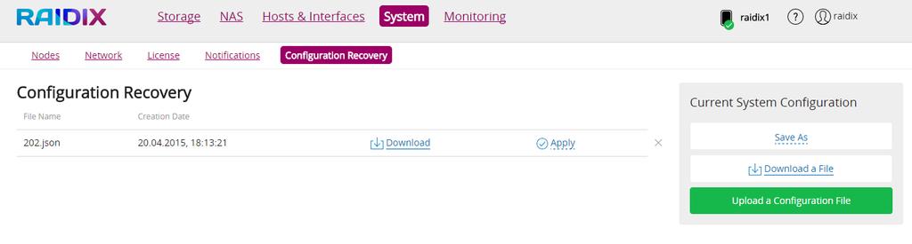 Use the elements of the Configuration Recovery page of the System menu to manage the system configuration files (Figure 119). Figure 119.
