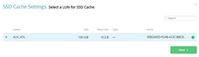 Figure 49. Selecting LUN for SSD Cache Set the limit on the amount of memory to be used by SSD cache (Figure 50). Memory Size parameter defines the maximum amount of memory to be used by SSD cache.