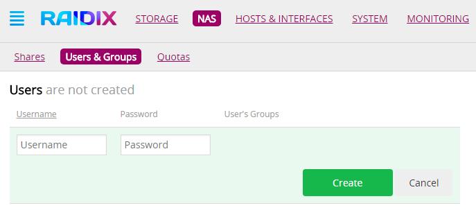 Figure 53. NAS users creation Specify Username (in Latin letters) and Password. Click Create; the user will be created.