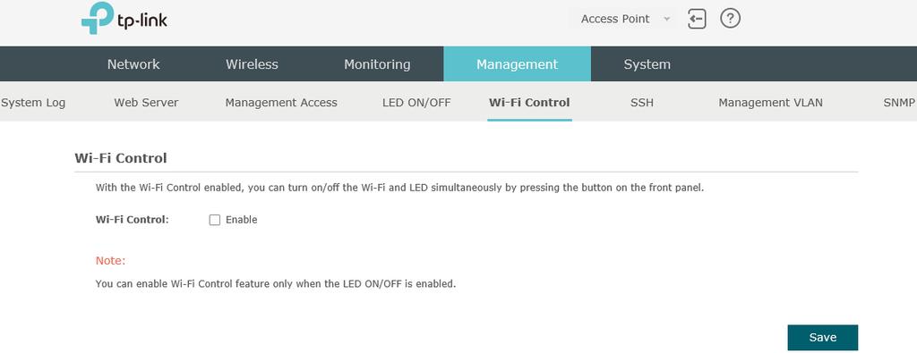 Configure LED 5 Configure LED You can turn on or off the LED light of the EAP. To configure LED, go to the Management > LED ON/OFF page.
