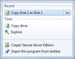 4. When Casper Secure has completed the cloning process, click Close. Repeating a Copy via the Casper Secure Taskbar Icon (Windows 2008) 1.