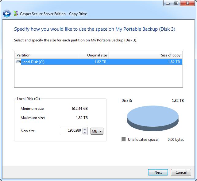 8. When prompted to specify how the space on the backup disk is to be used, retain the default selection and click Next.