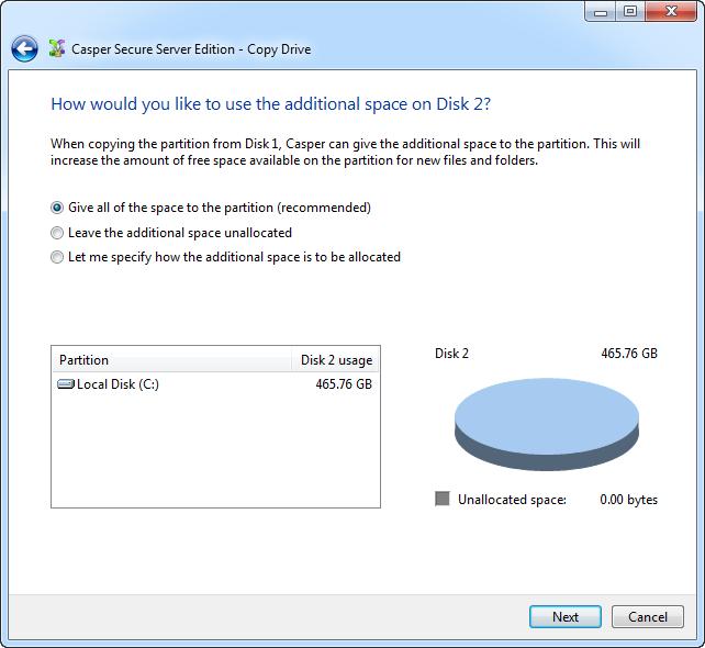 7. When prompted to specify how the space on the backup disk device is to be used, retain the default selection and click Next.