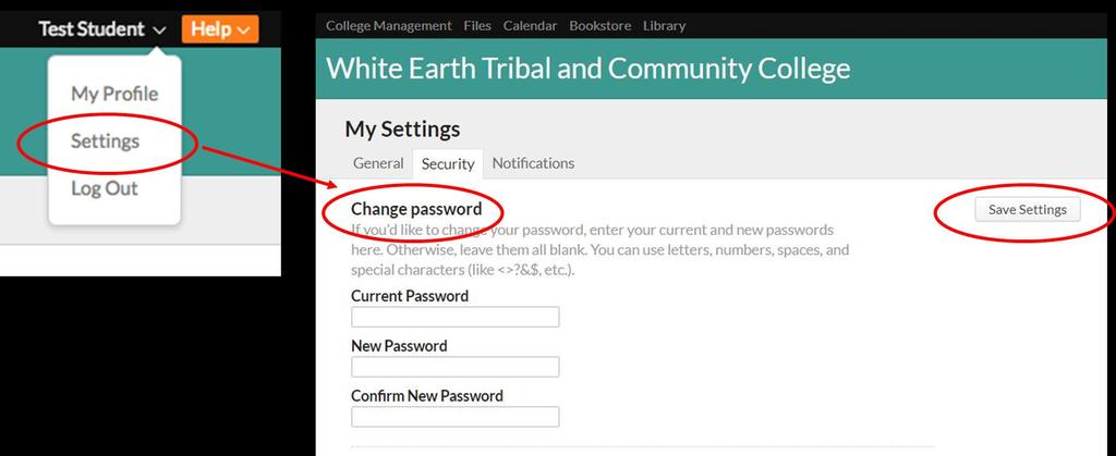 Select Settings and click on the Security tab. Fill in the Current Password, New Password and Confirm New Password boxes to change the password.
