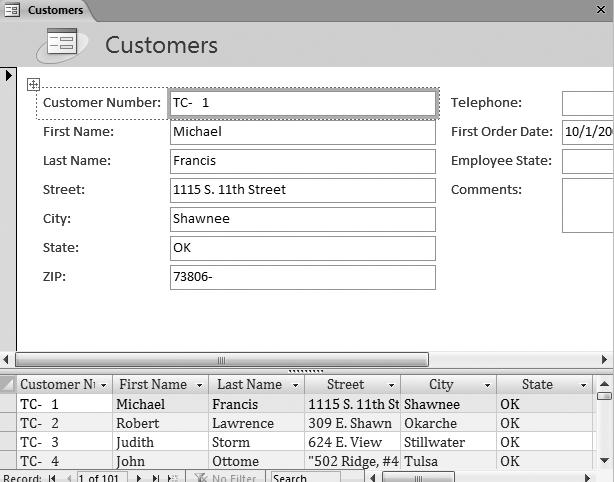 Creating a Split Form Split forms display a form in the upper pane. Split forms display a datasheet in the lower pane.