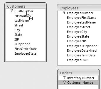 5. Follow these steps to create a relationship between the Orders table and the Customers table: A Select the Customer Number field in the Orders table and drag