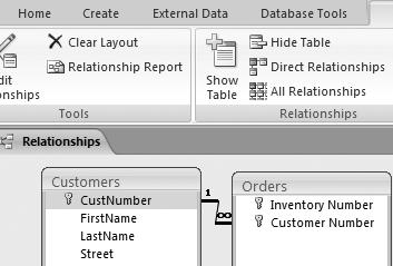 Hands-On 1.7 Print Relationships 1. Follow these steps to create a Relationships report: A Choose Design Tools Relationship Report on the Ribbon. 2.