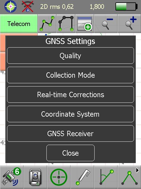To access the GPS Settings and Controls, Tap&Hold the GNSS Method button in the data collection application. To further access the GNSS settings, click on the Settings icon.
