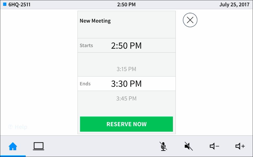 New Meeting Screen Tap one of the available meeting end times to set the duration of the meeting.