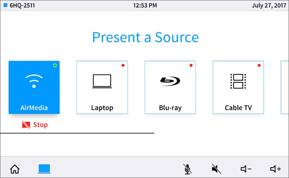 Present a Source Screen Overview The Present a Source screen allows content to be routed from a connected device to the main display in the room.