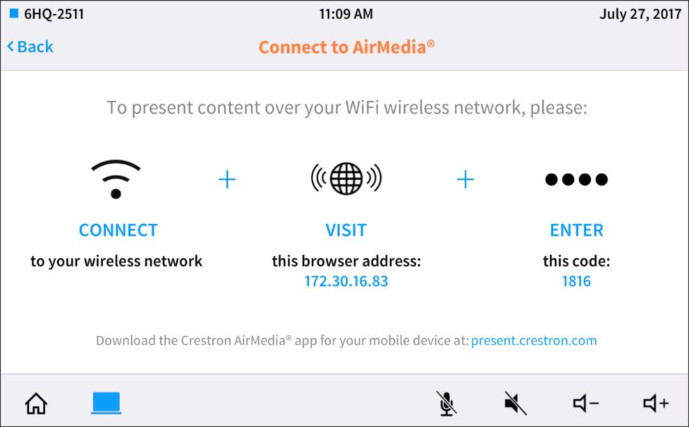 Connect to AirMedia Screen When an AirMedia presentation gateway source is selected and the wireless connection has not already been established, the following screen is displayed.