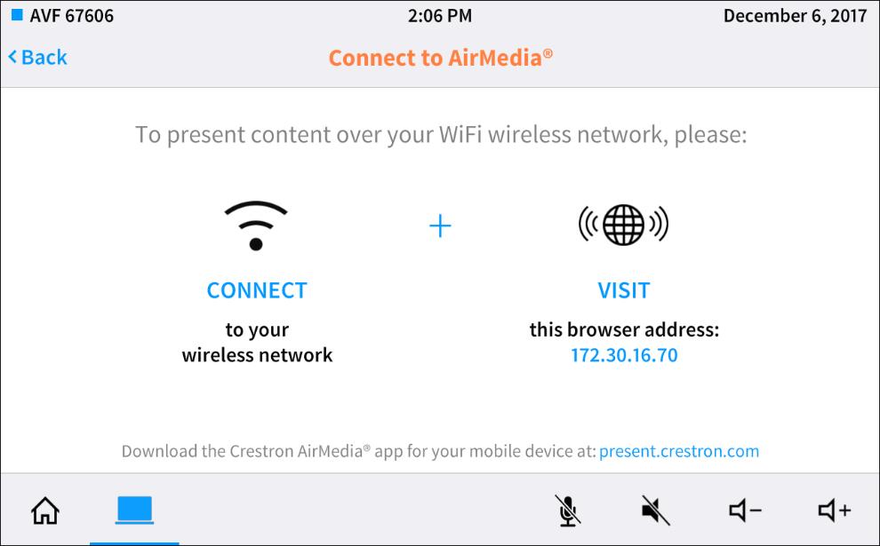 Connect to AirMedia Screen - Connection Code Disabled Press BACK to return to the Present a Source screen.