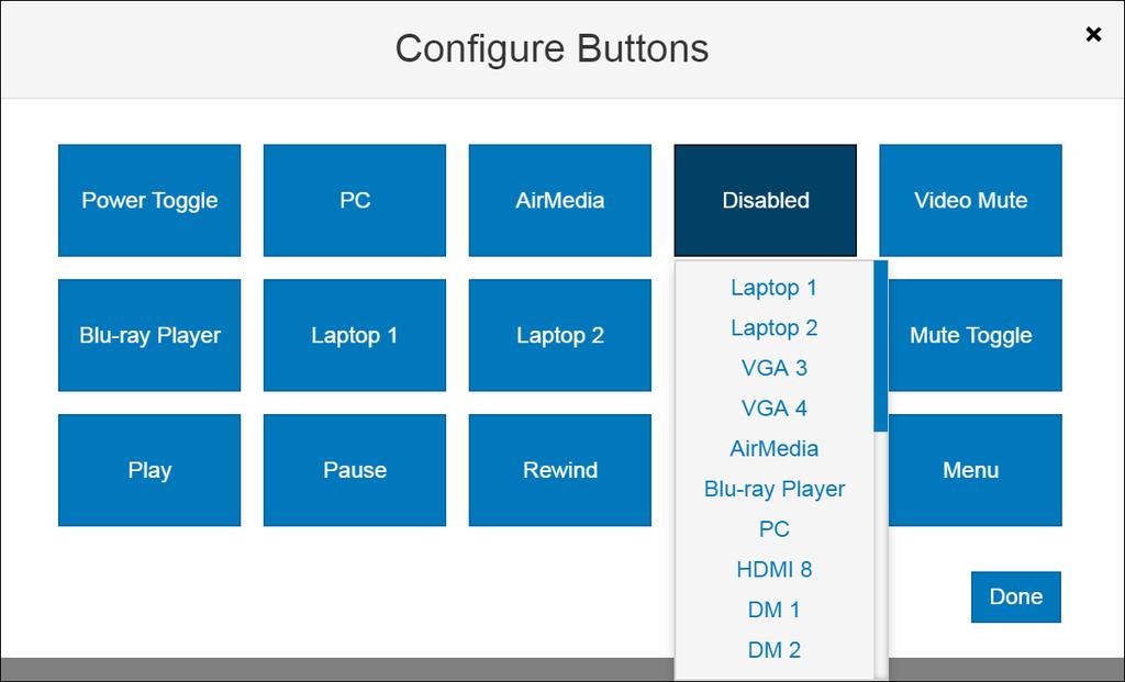 Configure Buttons Dialog Box - MP-B20 Each button on the button panel may be configured by clicking its respective button in the Configure Buttons dialog box.